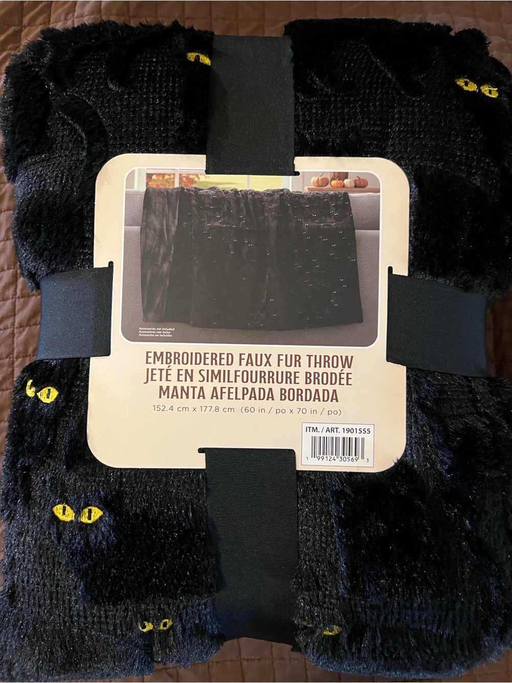 New Black Cat Embroidered Faux Fur Throw